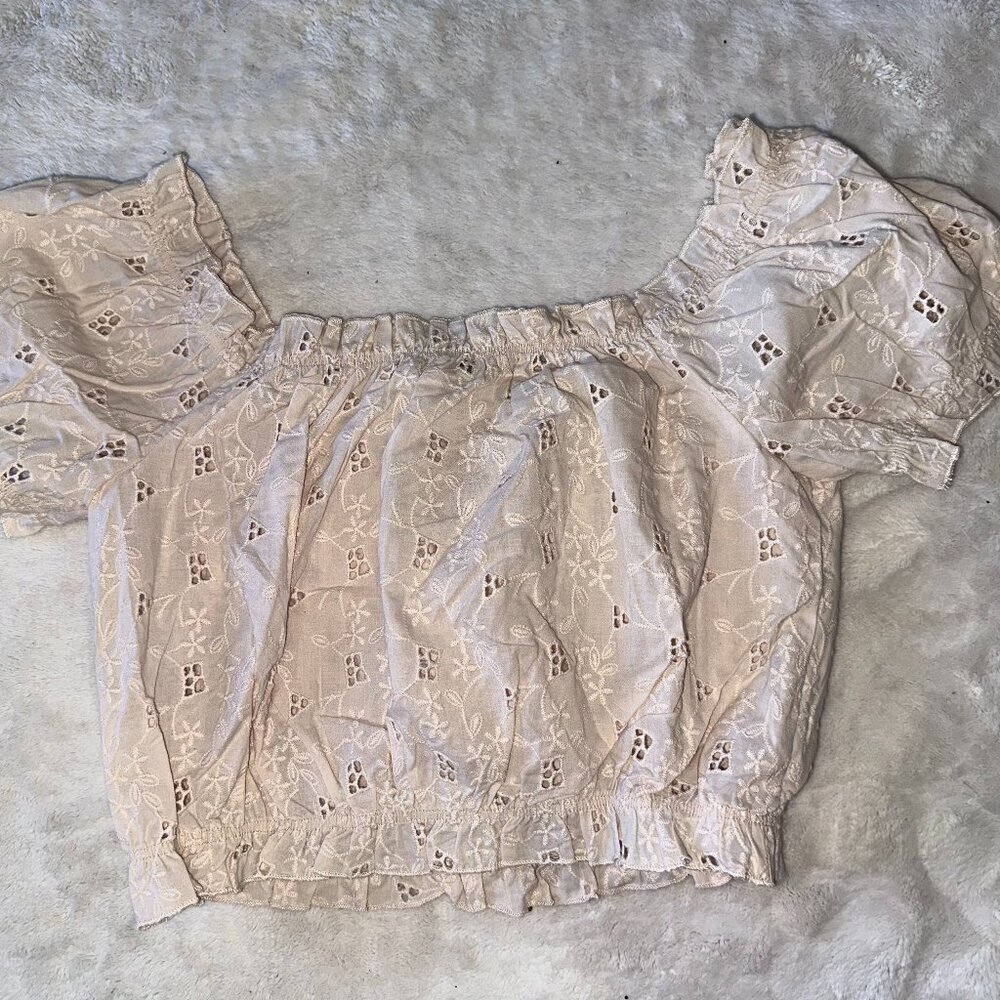 Off White Cream Eyelet Cropped Off Shoulder Top - Picture 11 of 16
